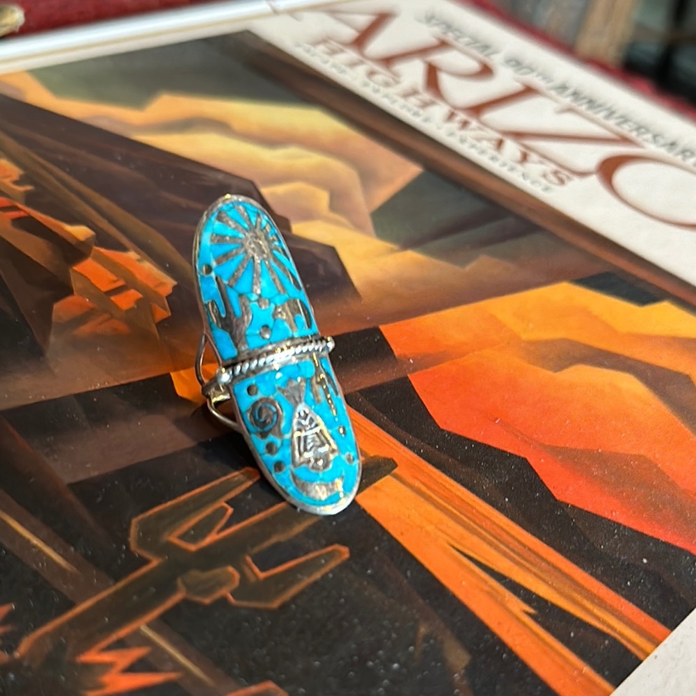 Turquoise and Sterling Elongated Oval Ring with Cactus - Picture 2 of 5